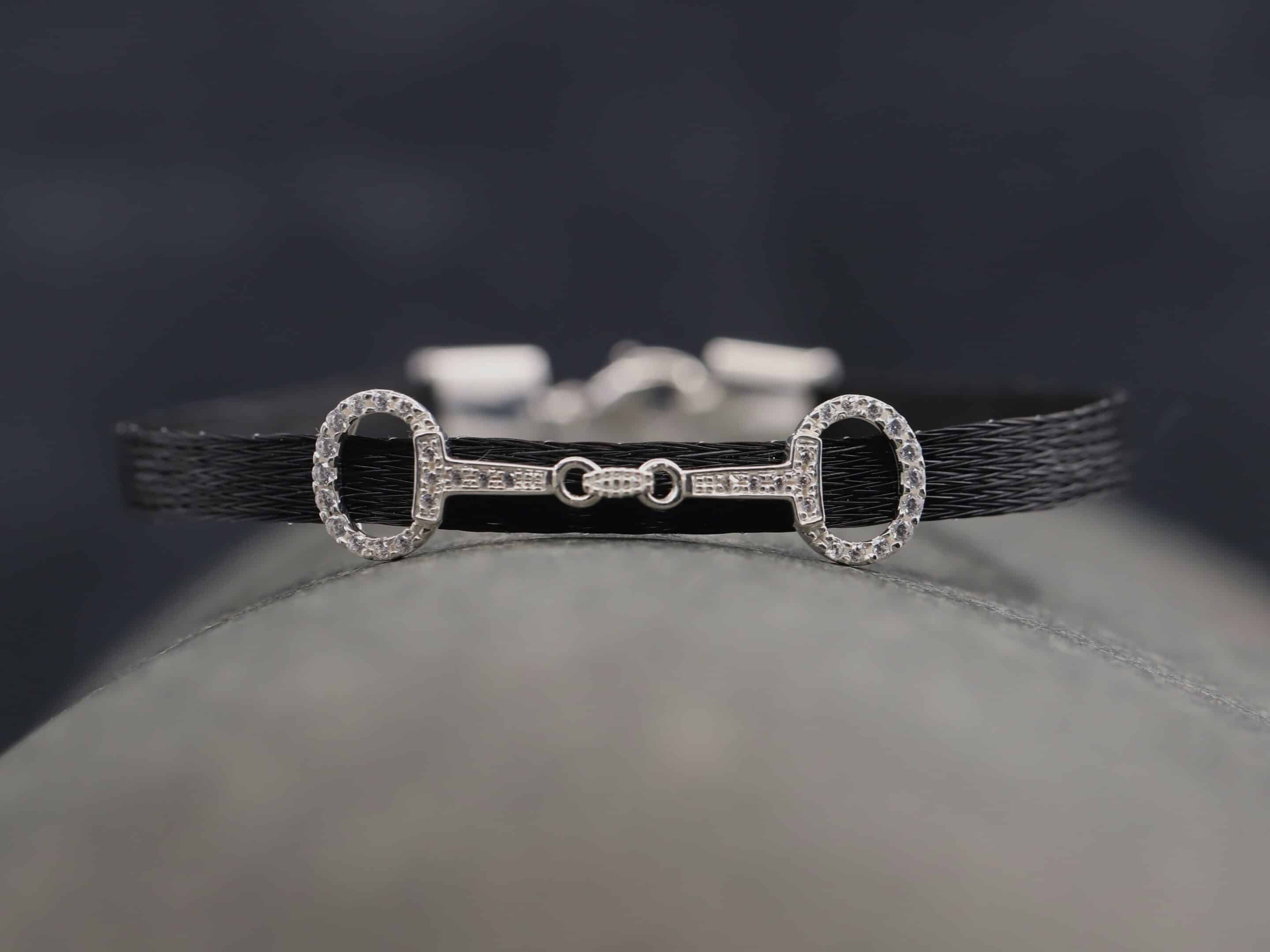 Pferdehaararmband 925er Silber 6mm Breit mit Zirkonias in Trense und Verschluss