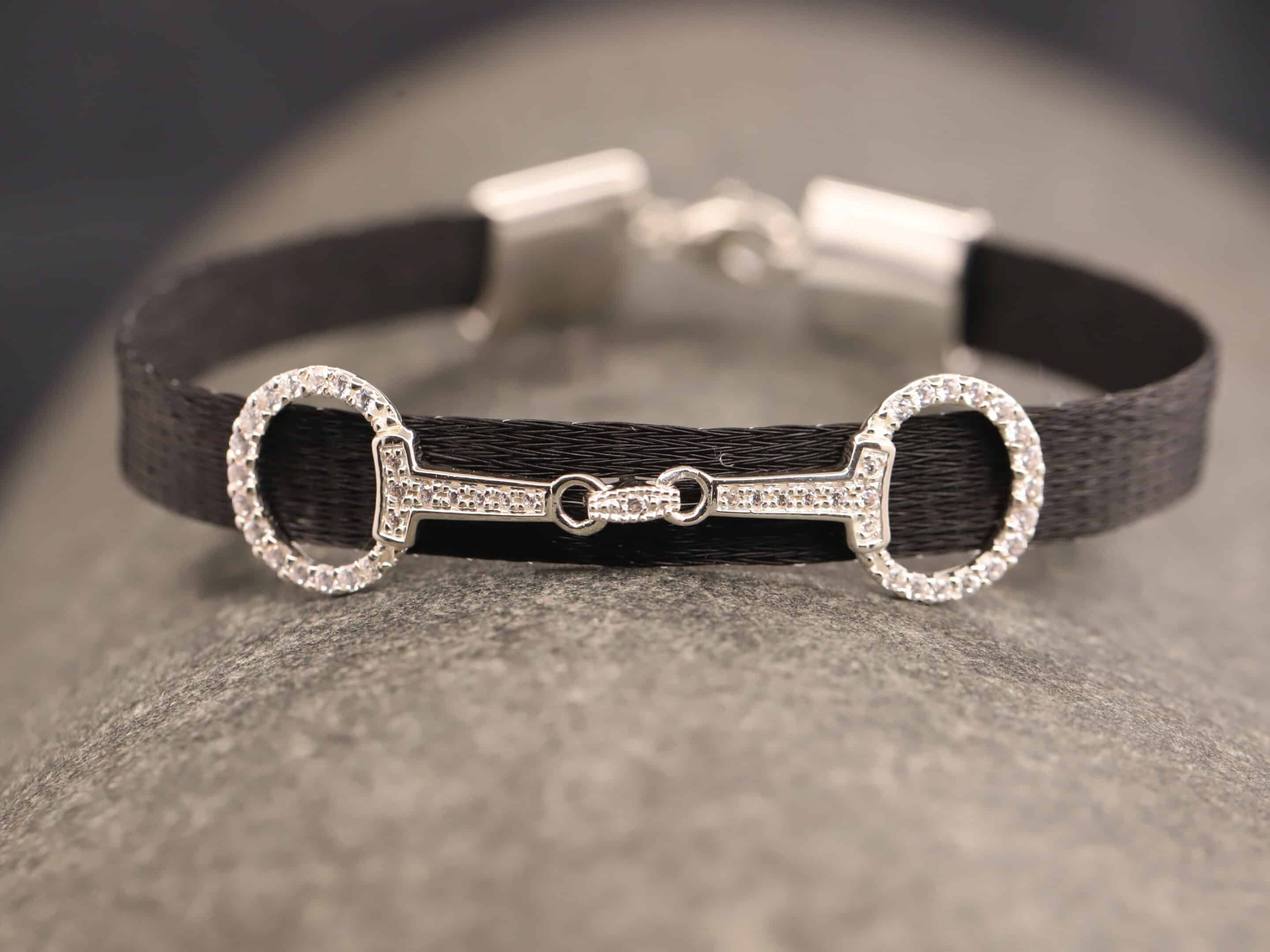 Pferdehaararmband 925er Silber 9mm breit mit Trense in Zirkonia ausgefast